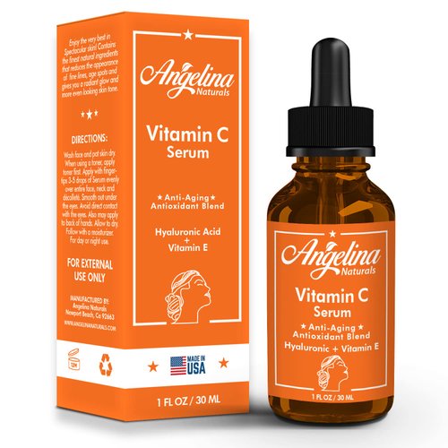 Angelina Naturals Vitamin C Serum for Face, Hyaluronic Acid, Vitamin E, Anti-Aging Serum, Reducing Age Spots, Fine Lines Wrinkles, Boost Collagen 1 Fl Oz