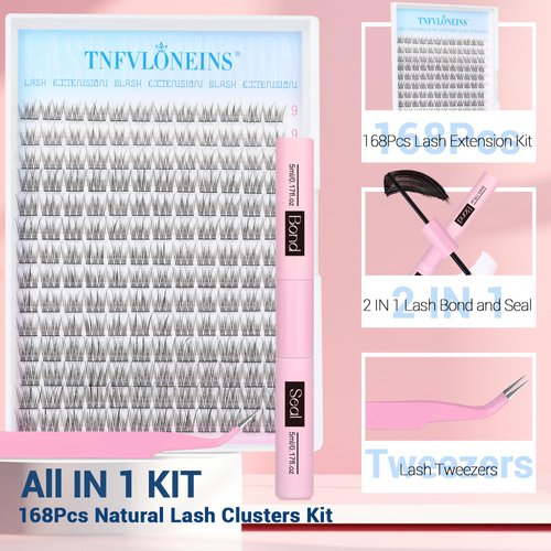 Natural Lash Extension Kit 168Pcs Lash Clusters Kit Wispy Eyelash Extensions 9-12MM Individual Lashes Extensions with Bond and Seal Lash Glue and Eyelash Extension Tweezers DIY at Home by TNFVLONEINS