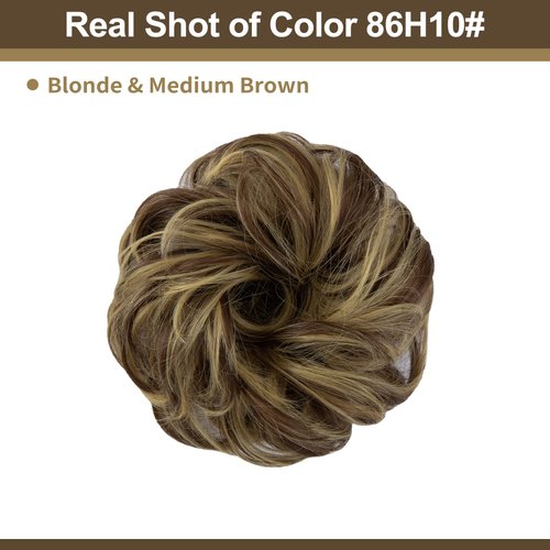 RSWETE Messy Bun Hair Piece, Instant Rose Bun Hair Scrunchie Hairpieces for Women, Wavy Curly Hair Pieces Chignon Ponytail Hair Extensions Updo Hairpiece Wiglet Bun (86H10# Blonde & Medium Brown)