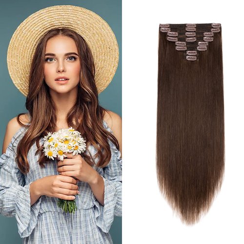 Double Weft 100% Remy Human Hair Extensions Clip in Grade 7A Quality Full Head Thick Thickened Long Short Straight 8pcs 18clips 10" / 10 inch 110g #4 Medium Brown