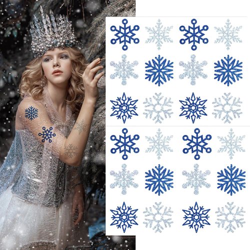mdgfge Christmas Glitter Snowflake Temporary Tattoos Winter Snowflake Bling Blue Silver Snowflake Tattoos Stickers for Xmas Party Favor Women Body Face Cute Apparel Accessories (24pcs)
