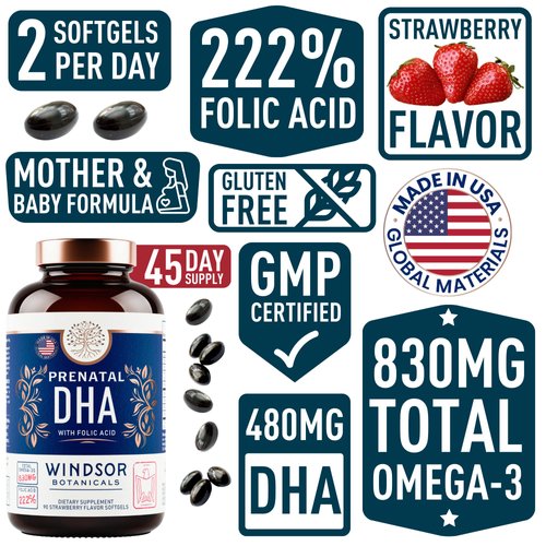 Prenatal Vitamins with DHA and Folic Acid - Fetal Development and Pregnancy Support - High-Potency Prenatal Vitamins For Women DHA and EPA Omega-3s D3 Prenatal DHA Fish Oil - 90 Strawberry Softgels