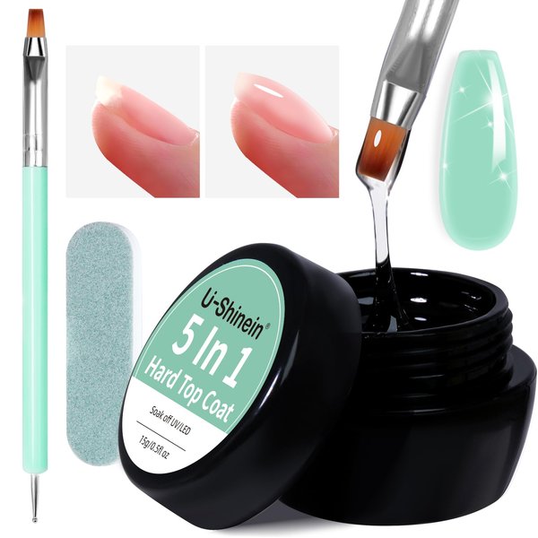 U-Shinein Builder Top Coat Gel, 5 in 1 Non Sticky Builder Nail Gel, High Gloss Long-Lasting No Wipe Top Coat Clear Nail Gel for Nail Thickening, Applying Chrome Powder, Soak Off UV Nail Strengthener