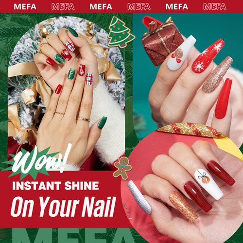MEFA 19 Pcs Gel Nail Polish Kit with U V Light, 12 Christmas Colors Burgundy Red Dark Green Glitter Gel Polish Winter Silver Gold Sparkle Nail Polish Manicure Soak Off DIY Salon Decorations Gifts