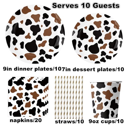 Cow Print Party Supplies, Cow Print Party Tableware Complete Pack Include Black Brown Cow Plates, Napkins, Cups Straws for Cow Birthday Baby Shower Farm Animal Party Decorations