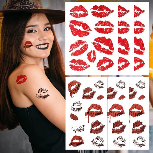 Halloween Temporary Tattoos, Red Bleeding Lips Tattoo Vampire Makeup for Kids Girls Women Men Fac...