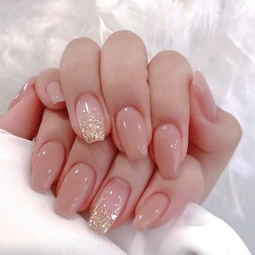 ANDGING Nude Press on Nails Coffin Short Medium Pink Glue on Nails with Bling Glitter Gold Design Fake Nails for Wedding Birthday 24Pcs Women Gel Acrylic False Nails Stick on Nail with Glue UO8A8