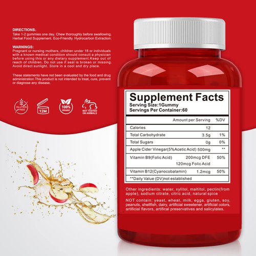 ProTKFU Apple Cider Vinegar Gummies, 120 Counts Keto Acv Gummies with The Mother, Vegan, Gluten-Free, Vitamin B12, B9 Gummies - Best Supplement for Gut Health