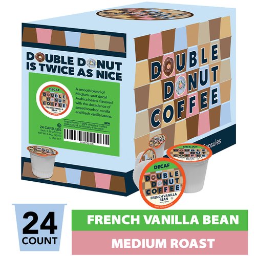 Double Donut Decaf French Vanilla Coffee Pods, Medium Roast Single Serve French Vanilla Bean Decaf Flavored Coffee Pods For Keurig K Cup Brewers, 24 Count