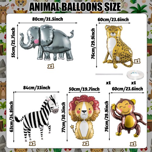 Jungle Safari Animals Balloons, Jungle Safari Theme Birthday Party Decorations, Lions Zebra Elephant Monkey Leopard Foil Balloons for Kids Boys Wild One Zoo Birthday Baby Shower Party Decor Supplies