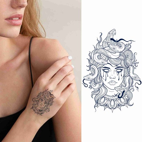 Dopetattoo 4 Sheets Lasting 1-2 Weeks Medusa Temporary Tattoo Ink Semi Permanent for Adults Woman Medusa Tattoo Navy Blue that Look Real Men Women Chest Neck Arm
