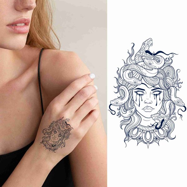 Dopetattoo 4 Sheets Lasting 1-2 Weeks Medusa Temporary Tattoo Ink Semi Permanent for Adults Woman Medusa Tattoo Navy Blue that Look Real Men Women Chest Neck Arm