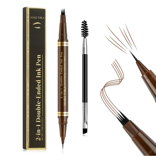 MAKI YIKA Microblading Eyebrow Pencil, Waterproof Eyebrow Pen with 4 Tip Brow Pen and Precise Brow Pencil to Create Natural Hair-Like Brows with Dual-ended Eyebrow Brush (A-Brown)