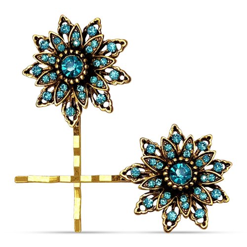2 PCS Blue Rhinestone Hair Pins for Women Elegant Hair Clips Retro Embellishment Gold Tone French Metal Clips Prom Hair Accessories for Women Ladies Girls Formal Party Styling Tools
