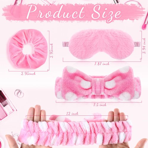 Maiteenly 18 Pcs Sleepover Party Supplies Include 6 Bow Spa Headbands, 6 Eye Mask and 6 Velvet Scrunchies Pink Party Favors for Women Makeup Gift Bachelorette Party Slumber Wedding