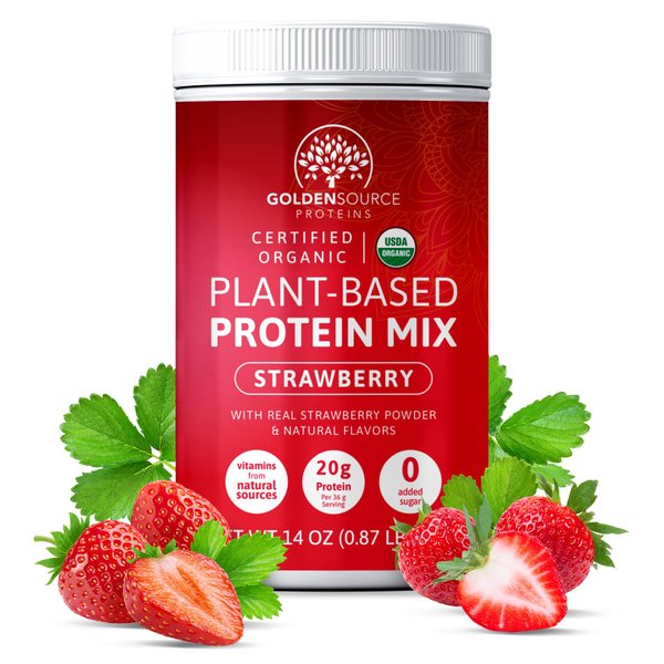 Golden Source Proteins - Strawberry - Plant Based Protein Powder, Protein Mix, Protein Powder with Vitamins & Minerals, 20g of Protein, & Complete Amino Acid Profile, Vegan Protein Powder
