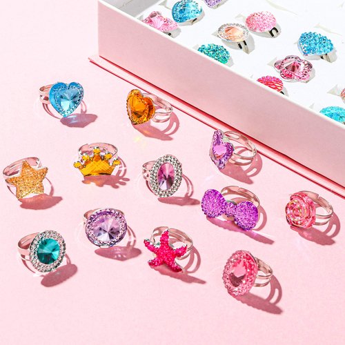 WATINC 24Pcs Adjustable Princess Pretend Jewelry Rings, Girl’s Jewelry Dress Up Play Toys, Rhinestone Gift Set in Box for Little Girls, No Duplication Diamond Ring for Children, Party Favors for Kids