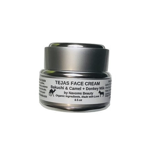 Navoms Beauty Organic Tejas Face Cream with Donkey & Camel Milk + Bakuchi Babchi Seed Oil, Zinc Oxide, Helichrysum Oil, All Skin Types, Anti Aging, For Sensitive Skin, Non Vegan (0.5 oz)