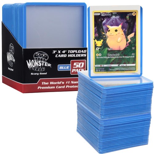 Monster Top Loaders for Collectible Trading Cards - 50 Count 3"x4" Clear Hard Plastic Protector (Blue Border) - Easily Sort Your TCG Cards by Color- Compatible w MTG, Magic Gathering, Yugioh, Sports