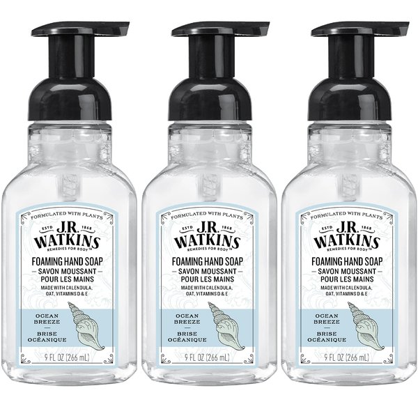 J.R. Watkins Foaming Hand Soap For Bathroom or Kitchen, Scented, USA Made And Cruelty Free, 9 Fl Oz, Ocean Breeze, 3 Pack