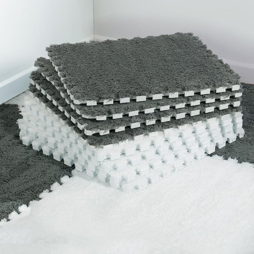12 pcs Plush Puzzle Foam Floor Mat for Kids- Thick Interlocking Fluffy Tiles with Border Square Rug Split Joint Soft Climbing Carpet Mats Shaggy Area Rug for Room Floor(11.8'', White & Gray)
