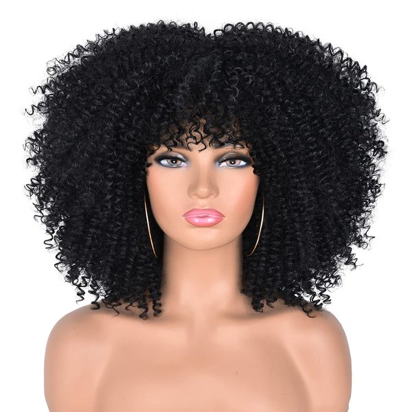 Curly Wigs for Black Women Afro Curly Wigs with Bangs Afro Hair Synthetic Heat Resistant Wigs Short Curly Wig