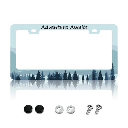 KDQEP Adventure Awaits License Plate Frame,License Plate Frame Mountains,Rust-Proof Waterproof Stainless Steel 2 Hole License Plate Holder for Men Women 12.2 X 6 Inch