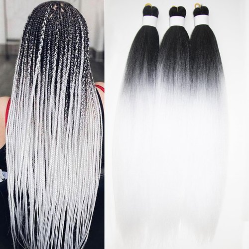 Zifeiya Black and White Braiding Hair Pre Stretched Ombre 24inch 3pcs Knotless Braiding Hair Extensions for Braids Ombre Pre Stretched Braiding Hair (1bwhite)