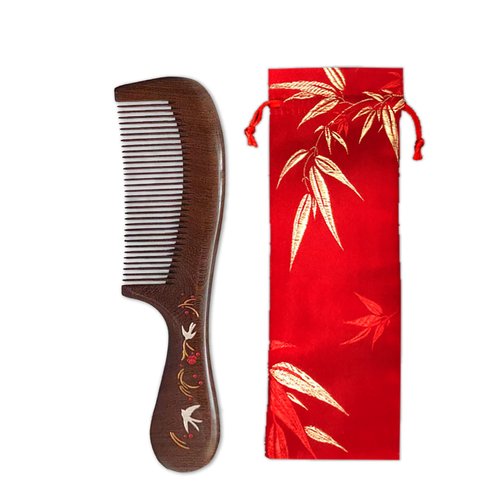 MURTYINL Wood Comb with Handle Vintage Thickened Natural Handmade Sandalwood Combs Flower Pattern Hand Drawing Fine Teeth Hair Brush Anti Static Beard Comb for Women Men Kids with Storage Bags
