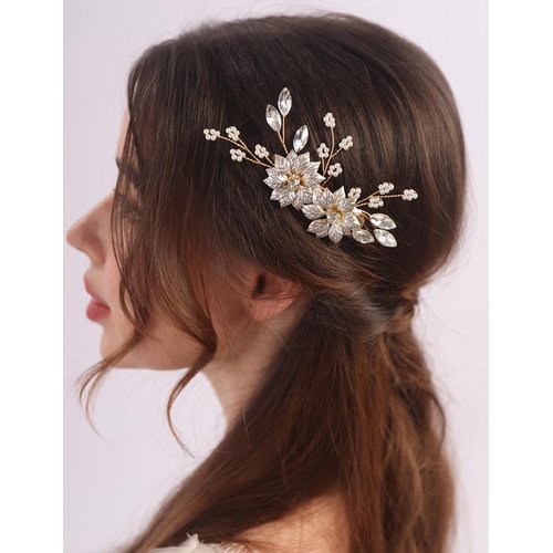 BERYUAN Gold Leaves Flower Pearls Hair Side Comb Gold Wedding Hair Comb Wedding Bridal Hair Comb Pearls Rhinestone Bridal Hair Comb for Brides Bridesmaid Girls
