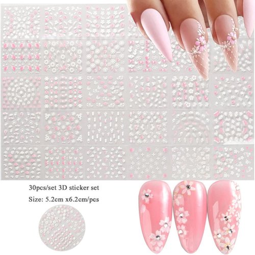 Flower Nail Art Stickers 3D Self Adhesive Pink White Nail Designs Nail Decals Nail Stickers Nail Art Supplies Pink Flower White Flower Nail Stickers for Nail Decorations Manicure Tips 30 Sheets