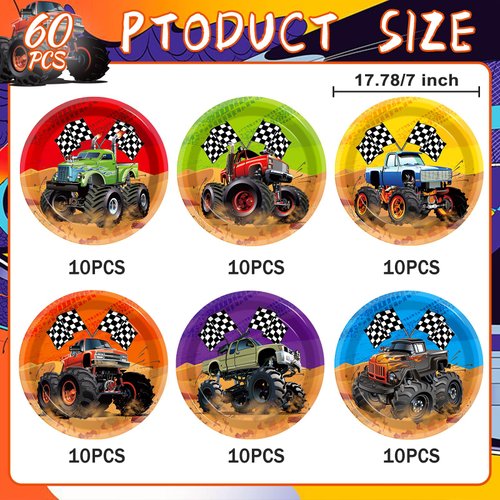 60Pcs Monster Truck Birthday Plates Monster Truck Party Decorations Truck Theme Paper Plates Truck Themed Birthday Party Supplies 7 inch Disposable Dessert Plates for Racing Car Birthday Party Favors