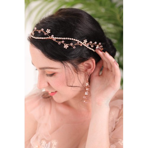 fxmimior Bridal Rose Gold Headpiece Bridal Rhinestone Hair Vine Pink Crystal Hair Accessories Flower Hair Jewelry for Women And Girls Rose Gold Wedding Tiara And Crowns(Headband)