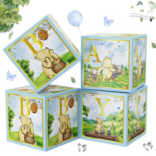 Classic Winnie Baby Shower Boxes Blue for Newborn Baby Boy Girl, Vintage Winnie Bear First 1st Birthday Party Decorations the Pooh Theme Box Block Supplies for Kids Cake Smash Photography Favor Props