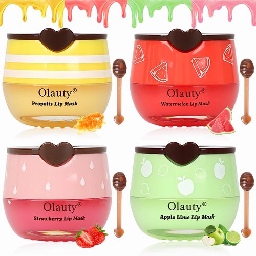 4 PCS Bee Lip Balm Lip Mask Honey Pot,Honey & Strawberry & Watermelon & Apple Lime Lip Mask Propolis Moisturizing Lip Balm with Stick,Sleeping Lip Mask Hydrating Prevention Dry & Cracked