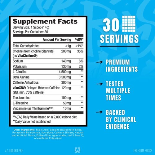 Ryse Loaded Pre Workout Powder Supplement for Men & Women | Pumps, Energy, Focus | Beta Alanine + Citrulline | 390mg Caffeine | 30 Servings (Freedom Rocks)