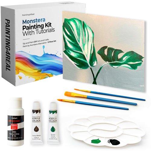 Painting4Real DIY Painting Class Kit for Adults: Learn to Paint This Monstera with Video Tutorials – How to Paint with Acrylics – Painting & Art Supplies – 9 Piece Acrylic Paint Set
