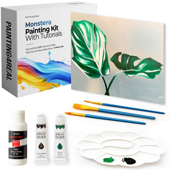 Painting4Real DIY Painting Class Kit for Adults: Learn to Paint This Monstera with Video Tutorials – How to Paint with Acrylics – Painting & Art Supplies – 9 Piece Acrylic Paint Set