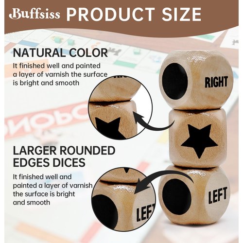 Buffsiss Left Right Center Game Dice 16mm Wooden Dice with Drawstring Bag,Standard Size 6 Sided for Left Right Center Game Dice Accessorie,Easy to Store and Carry (Upgraded 3 Pcs dice)