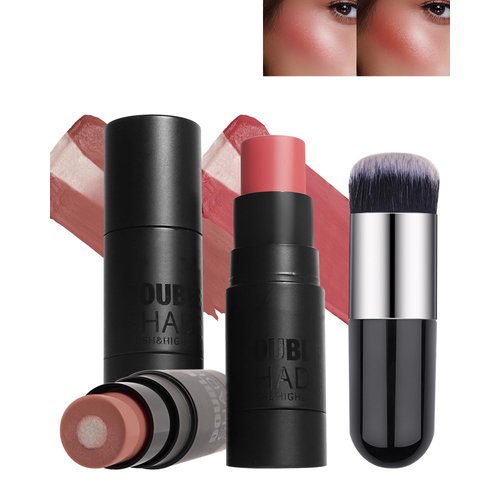 Cream Blush Stick for Cheeks-2Pcs Multi-Use Sandwich Makeup Blush Stick for Eyes Lips Face,Longlasting Tinted Matte Blush, Glow Blendable Blusher with Brush,Christmas Gift for Women-03+05
