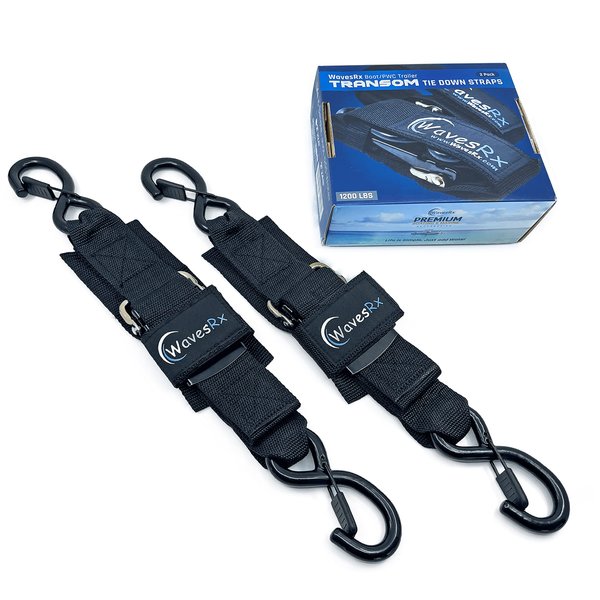 WavesRx Jet Ski & PWC Trailer Transom Straps (2PK) | 24" Marine Tie Downs Adjustable Safety Straps | Outperforms Ratcheting and Retractable Straps | JetSki Accessories for Safe & Secure Transportation