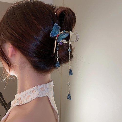Wiwpar Hair Clip for Women, Blue Butterfly Hair Clips with Gold Metal Sunflower, Strong Hold Hair Clamps, Hair Claw Clips with Long Tassel Bead Pendent, for Long Thick Thin Curly Hair