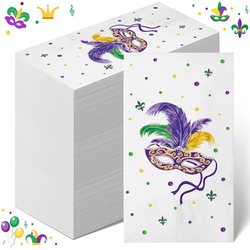 Funrous 100 Pcs Mardi Gras Party Decorations Napkins Happy Mardi Gras Disposable Paper Napkins New Orleans Cocktail Decorative Napkin for Mardi Gras Carnival Masquerade Party Supply (7.9 x 4.3 Inch)