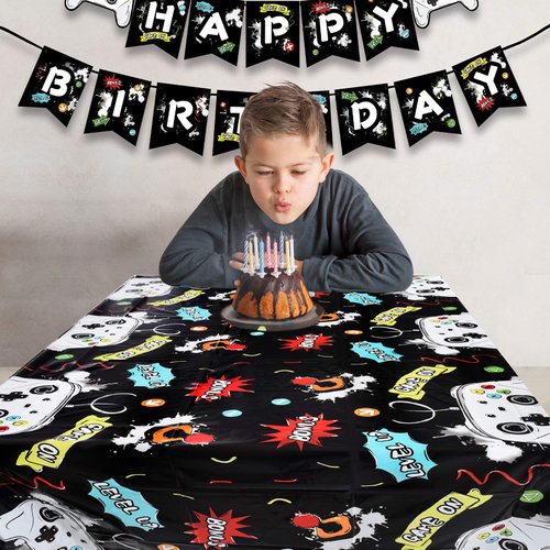 WERNNSAI Watercolor Video Game Party Tablecloth - 1 Pack 54'' x 108'' Video Game Party Supplies for Boys Birthday Party Decoration Disposable Plastic Table Cover for Kids Player Geek Game Themed Party
