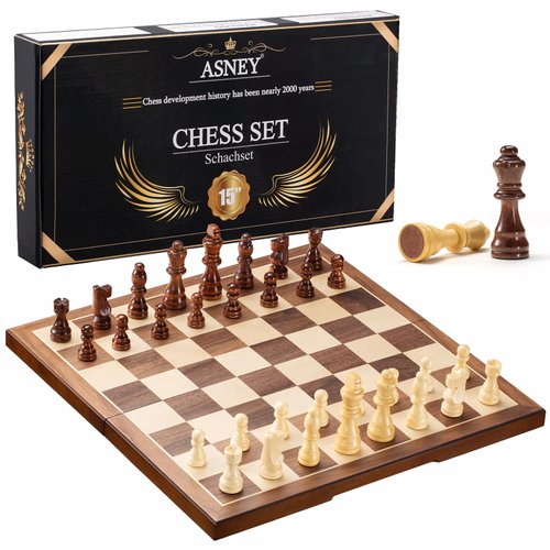 ASNEY Wooden Chess Set for Adults, 15" Folding Portable Travel Chess Board Game Set with Magnetic Closure for Kids Adults and Beginner with 2 Extra Queens