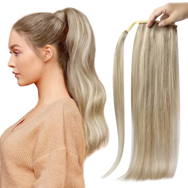 Full Shine Hair Extensions Ponytail Real Human Hair Ash Blonde Highlights Bleach Blonde Ponytail Hair Extensions Natural Straight Hair Pieces Clip in Extensions 80Grams 22Inch