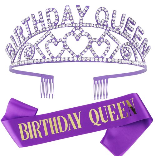 CIEHER Purple Birthday Sash & Queen Crown Kit, Purple Birthday Decorations, Purple Crown Tiara, Birthday Crowns for Women Girls, Purple Birthday Crown, Birthday Sash and Tiara, Purple Birthday Gifts