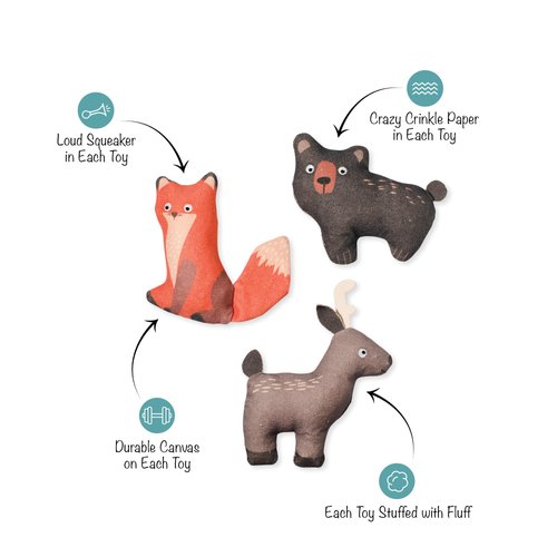 Fringe Studio "FOREST FRIENDS Canvas Dog Toy, Mini Toy Set of 3, PetShop Collection (521020)