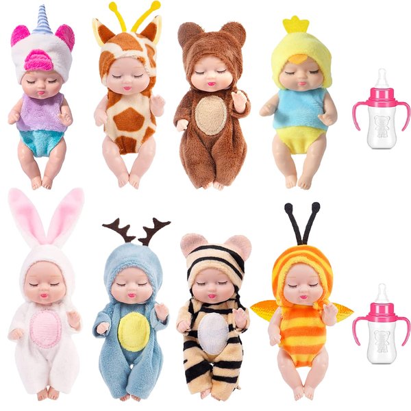 Carreuty Mini Reborn Baby Doll 8 Pcs 4 Inch Tiny Slepping Baby Washable PVC Material Realistic Baby Doll with Animal Clothes and Hat with 2 Milk Bottle for Girls and Boys