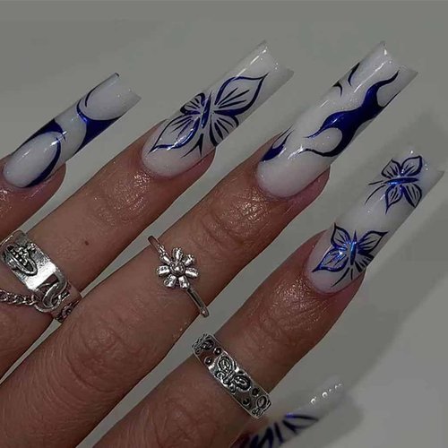 Foccna Long Blue Press on Nails Square Fake Nails White Full Cover Butterfly Acrylic False Nails Glossy Nails for Women and Girls-24PCS